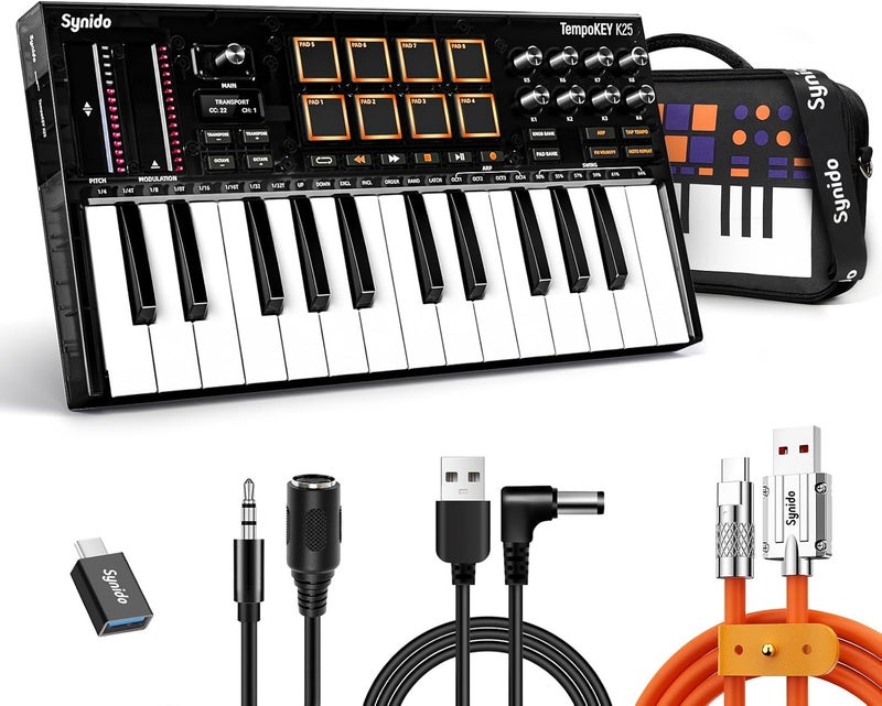 Synido 25 Key USB MIDI Keyboard Controller with 8 Drum Pads, Professional Mini Midi Keyboard with OLED Screen, Beat Maker Machine for Music Production, Black, TempoKey K25 - Image 1